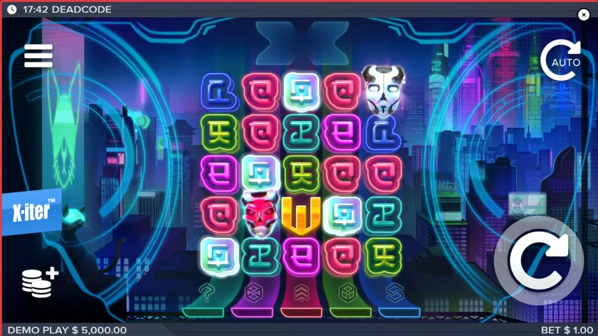 Isang futuristic na cyberpunk slot interface na may neon aesthetics mula sa Deadcode.